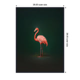 Pink flamingo standing on one leg against a dark green gradient background with subtle shadowing around the base.
