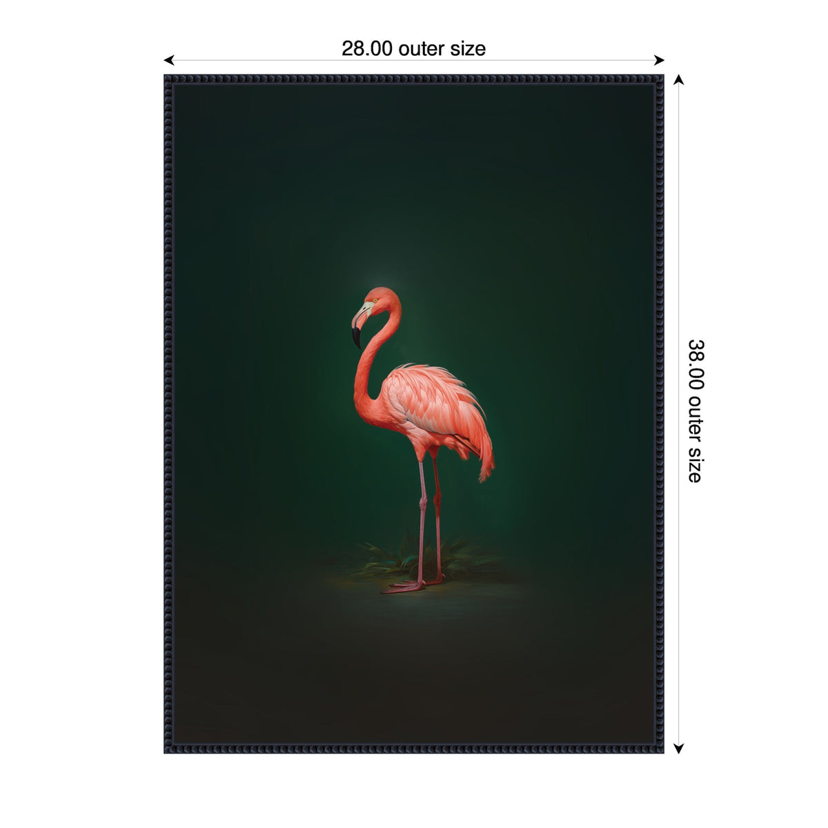 Pink flamingo standing on one leg against a dark green gradient background with subtle shadowing around the base.