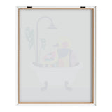 Framed printed glass artwork showing stylized mid-century modern duck and smaller duck in patterned shapes inside a clawfoot tub with shower and leaf, pastel colors.