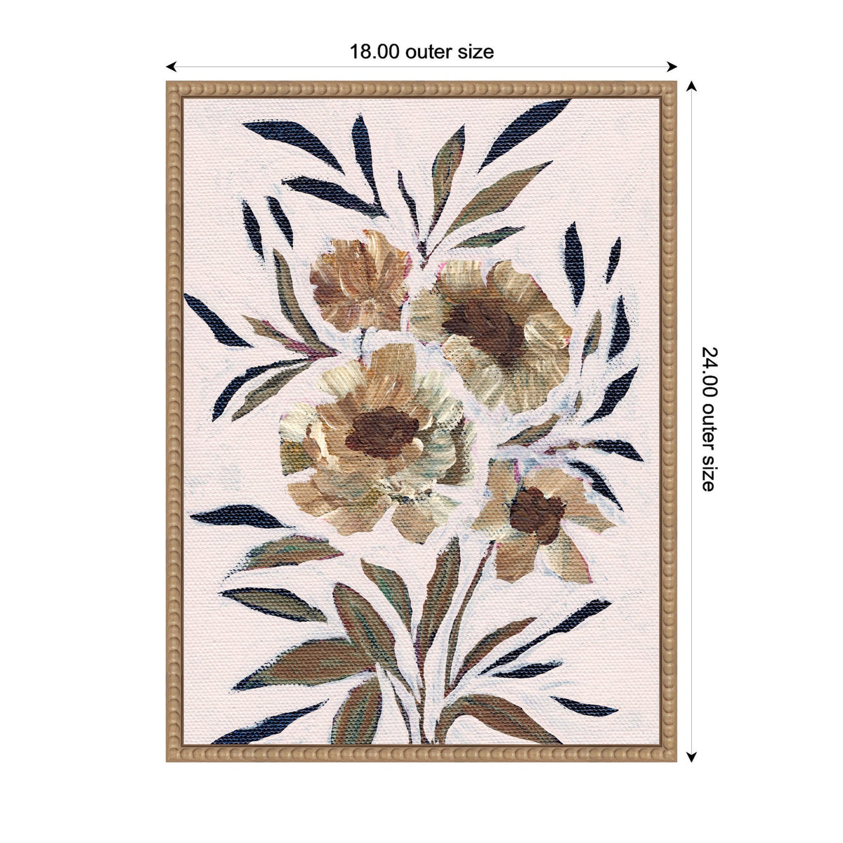 Framed canvas featuring muted floral painting with large blooms in beige and brown tones, accented by navy and olive leaves on a soft blush background.