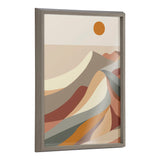 Framed minimalist geometric mountain landscape art with layered beige, rust, gray, and ochre shapes under a rust-colored sun on off-white background.