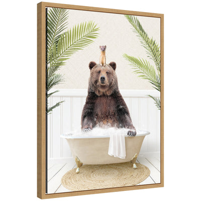 Sylvie Bear and Weasel in Palms Bathtub framed canvas art by Amy Peterson showcasing bear and weasel near palm plants