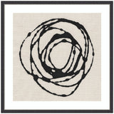 Framed abstract art featuring a flowing black circular spiral on white textured canvas.