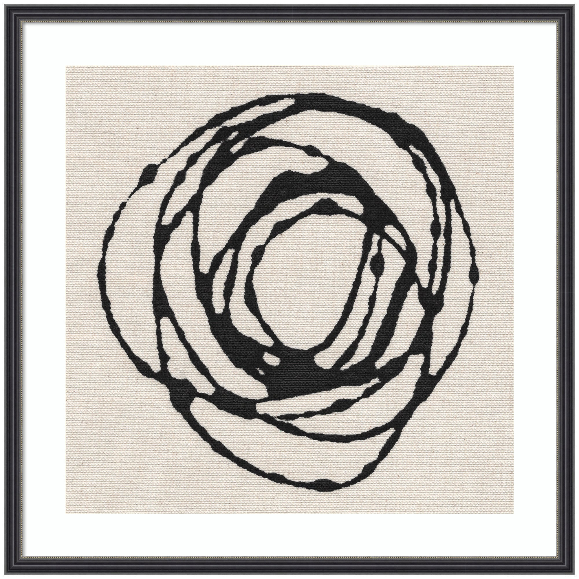 Framed abstract art featuring a flowing black circular spiral on white textured canvas.