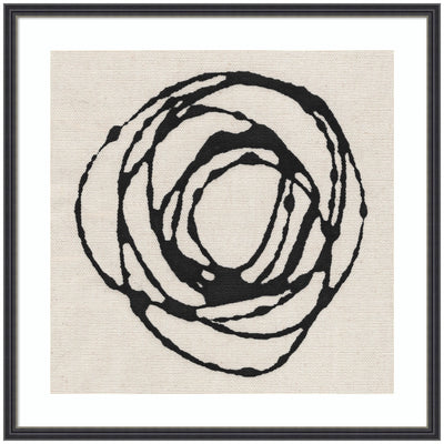 Framed abstract art featuring a flowing black circular spiral on white textured canvas.