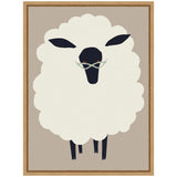 Stylized white sheep with black face and legs wearing light blue glasses, set against a muted beige background within a light wood frame.