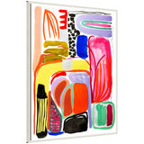 Abstract composition with bold blocks of red, orange, purple, black, green, and yellow on a white background framed with a white beaded edge.