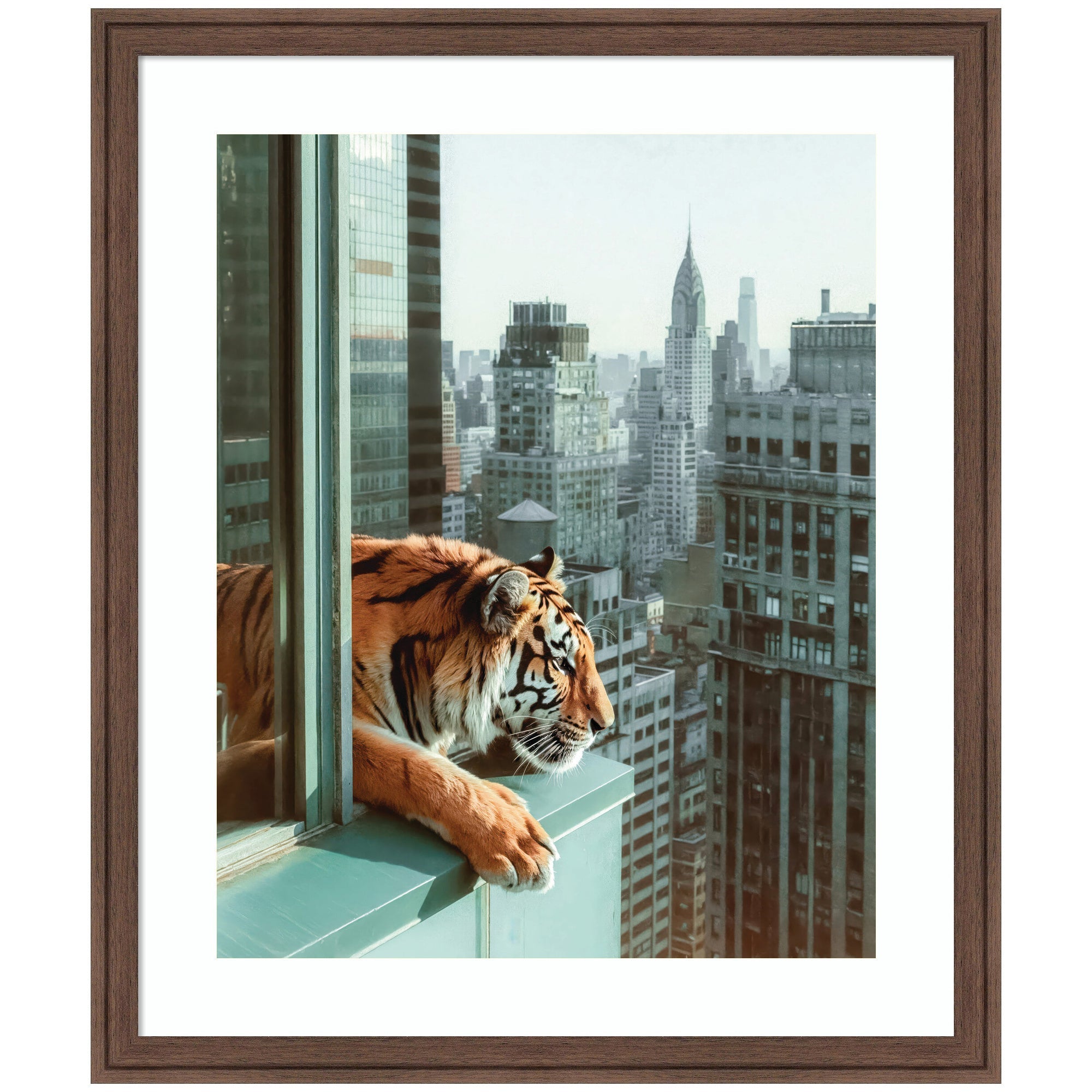 Framed artwork titled Urban Tiger Overlooking Manhattan featuring a tiger at a high-rise window with city skyscrapers beyond