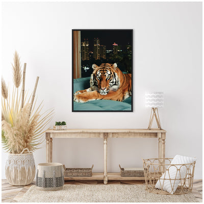 Sylvie Tiger in the City at Night 1 Framed Canvas by Michael Schauer