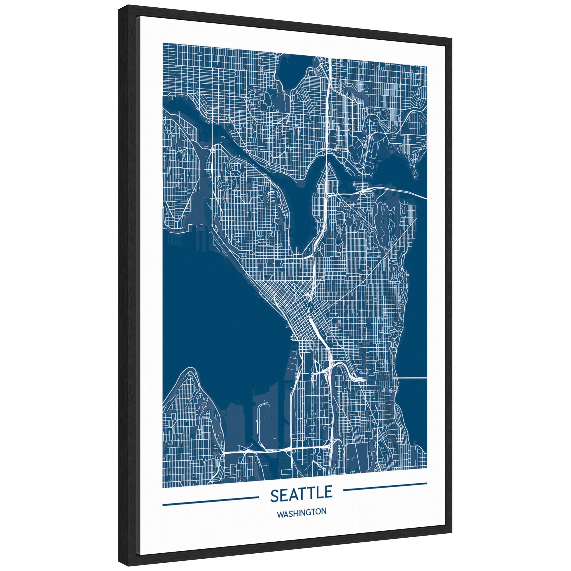 Framed canvas showing a detailed Seattle map print by Jake Goossen