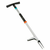 Long-handled weed puller with black T-shaped grip, aluminum shaft with black and orange accents, and metal clawed fork for uprooting weeds