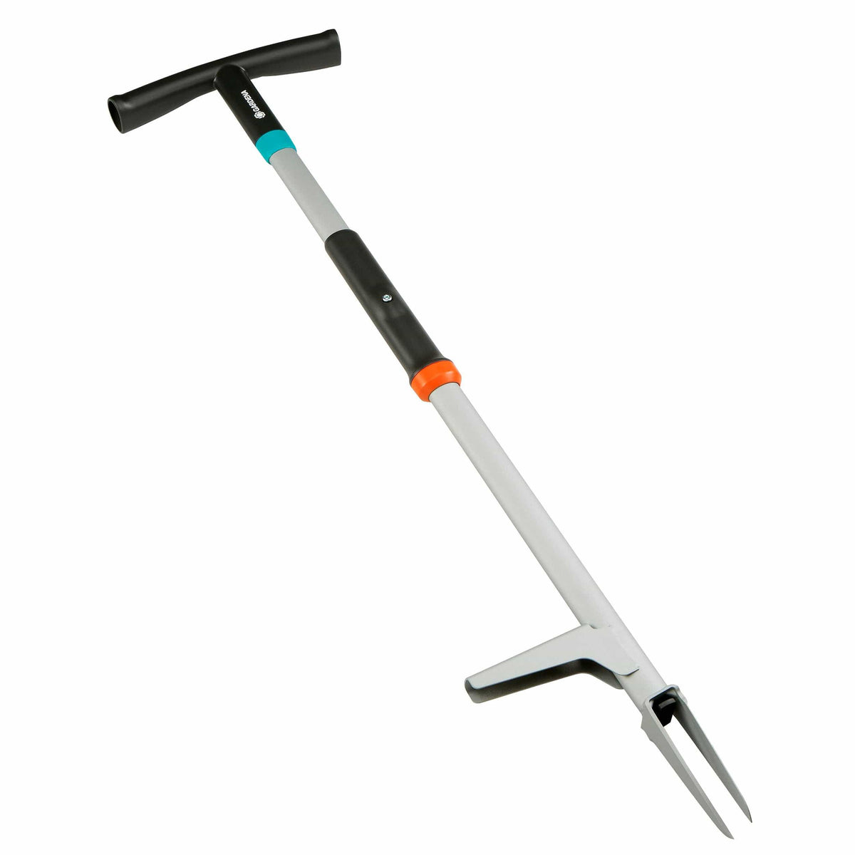 Long-handled weed puller with black T-shaped grip, aluminum shaft with black and orange accents, and metal clawed fork for uprooting weeds