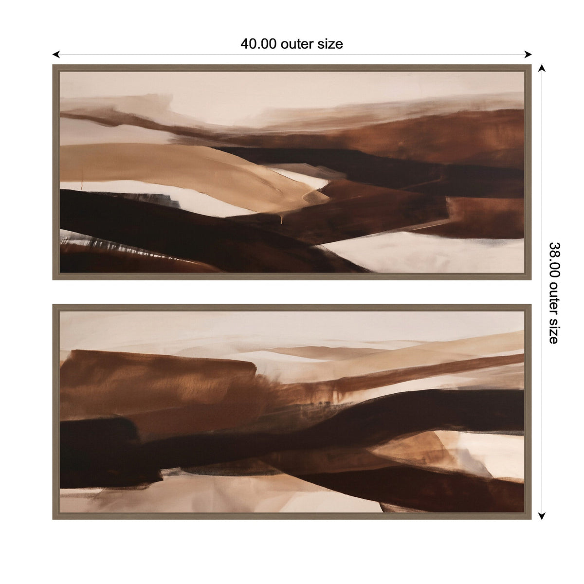 Two abstract canvas paintings in brown, beige, and black tones, featuring flowing, layered shapes creating a sense of depth and movement.