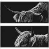 Two-piece framed canvas wall art set depicting Scottish Highland landscape with rolling hills and skies, by Crystal Lynn Collins