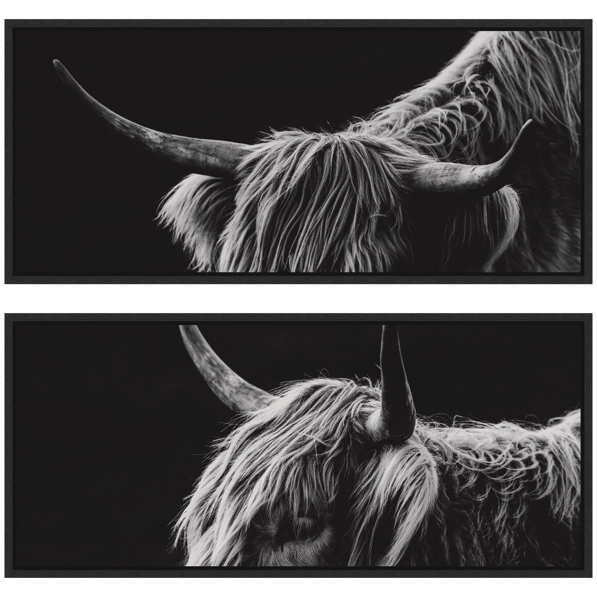 Two-piece framed canvas wall art set depicting Scottish Highland landscape with rolling hills and skies, by Crystal Lynn Collins