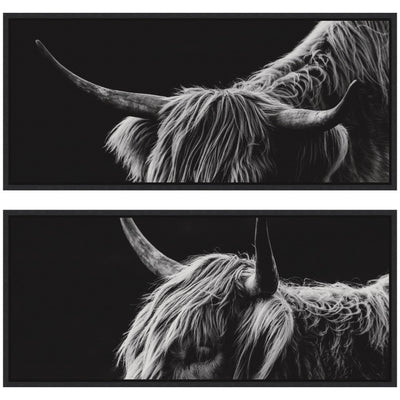 Two-piece framed canvas wall art set depicting Scottish Highland landscape with rolling hills and skies, by Crystal Lynn Collins