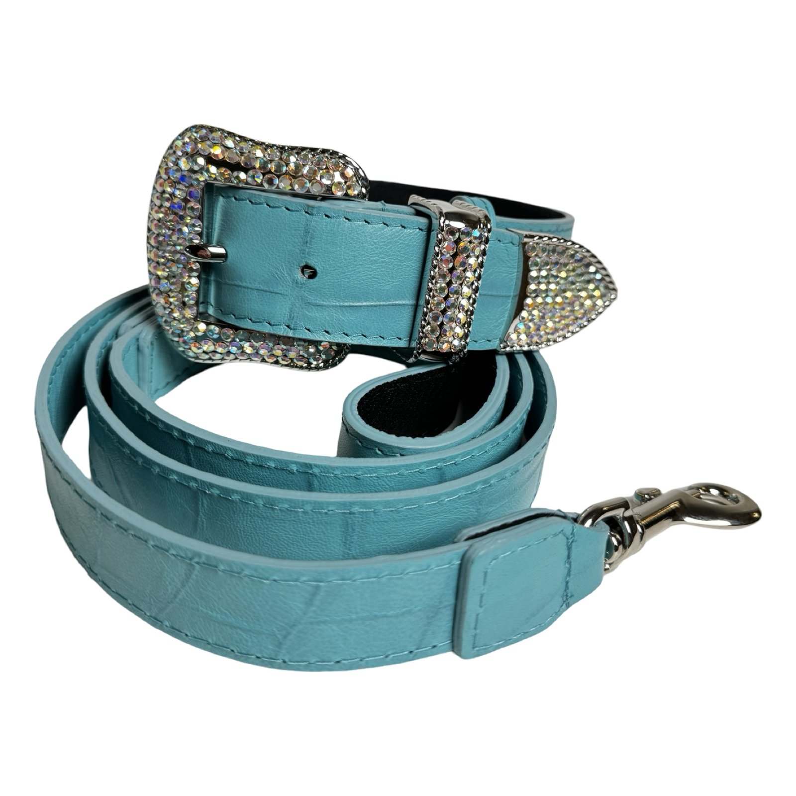 Turquoise blue embossed crocodile leather dog collar and leash set with sparkling Swarovski crystal hardware
