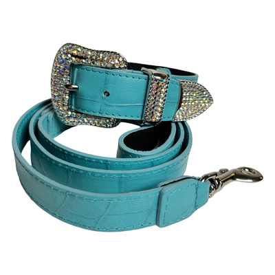 Turquoise blue embossed crocodile leather dog collar and leash set with sparkling Swarovski crystal hardware