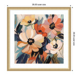 Abstract floral painting featuring large blooms in shades of peach, coral, and cream with dark centers, surrounded by blue-green leaves in a gold frame.