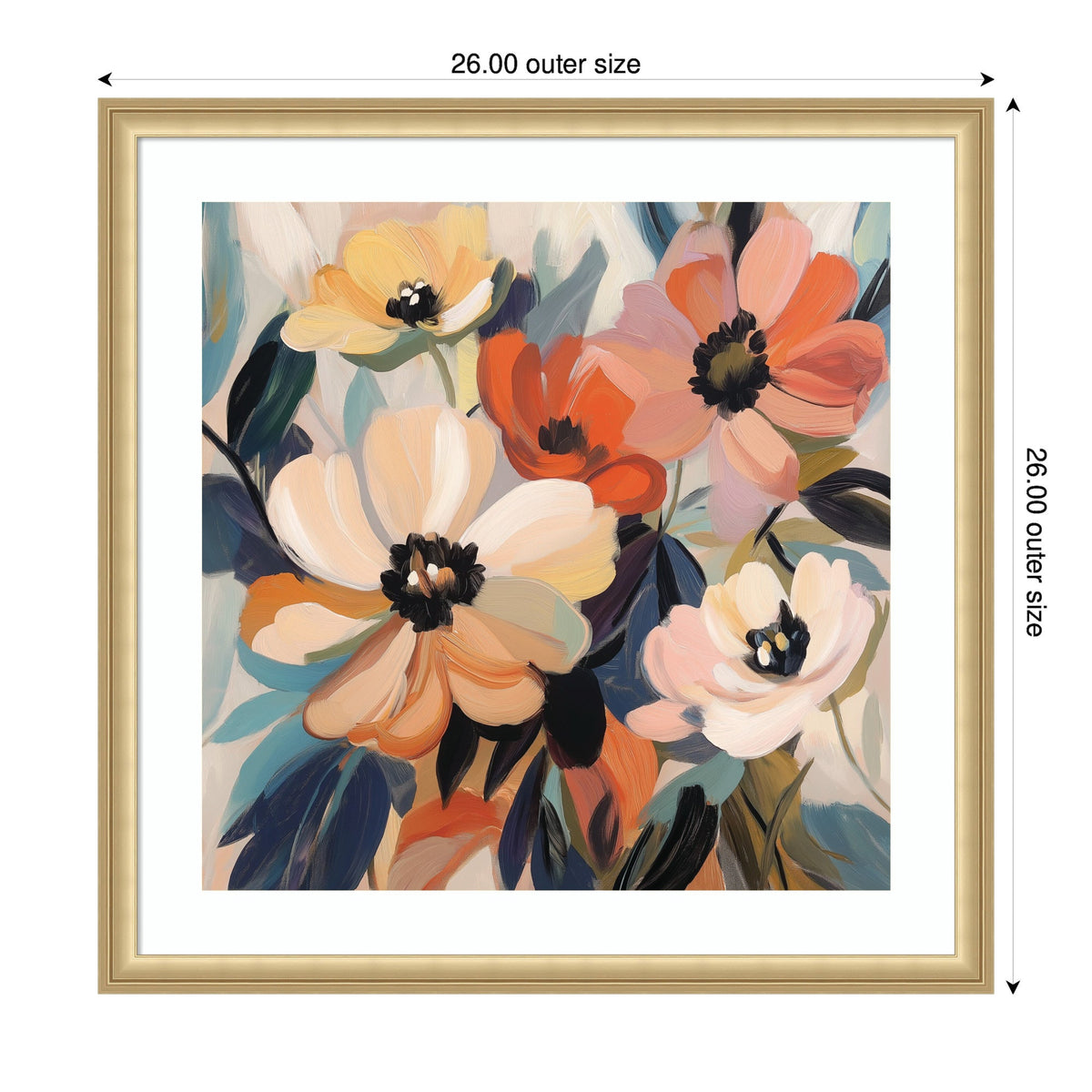 Abstract floral painting featuring large blooms in shades of peach, coral, and cream with dark centers, surrounded by blue-green leaves in a gold frame.