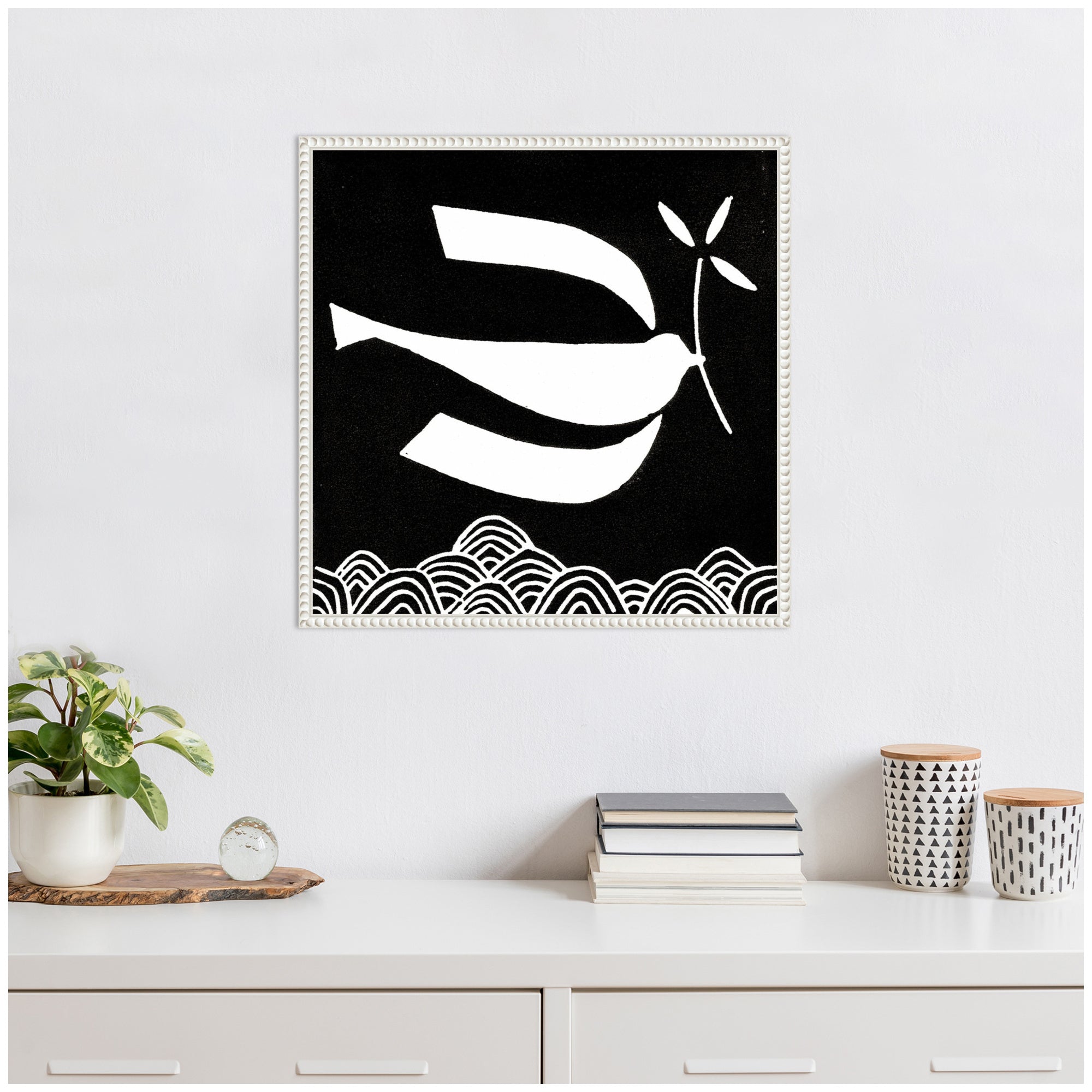 Sylvie Volare 2 Black and White Bird Linocut Framed Canvas by Giuliana Lazzerini