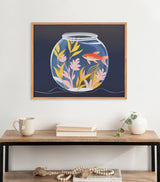 Illustration of an orange goldfish swimming inside a round glass fishbowl with pastel pink and yellow aquatic plants against a dark blue background.