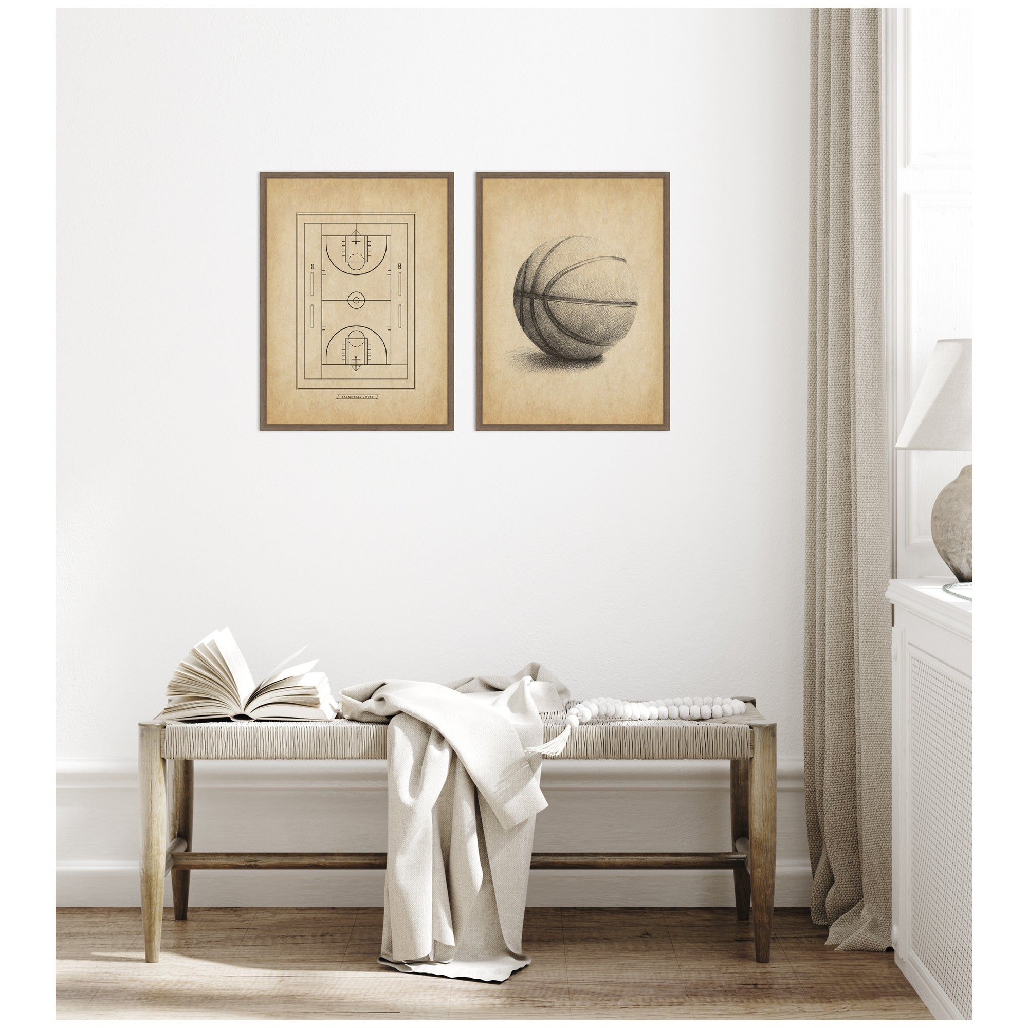 Vintage Basketball 2 Piece Framed Canvas Wall Art Set by The Creative Bunch Studio