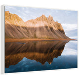Framed canvas art showing mountain reflection in Iceland during sunset