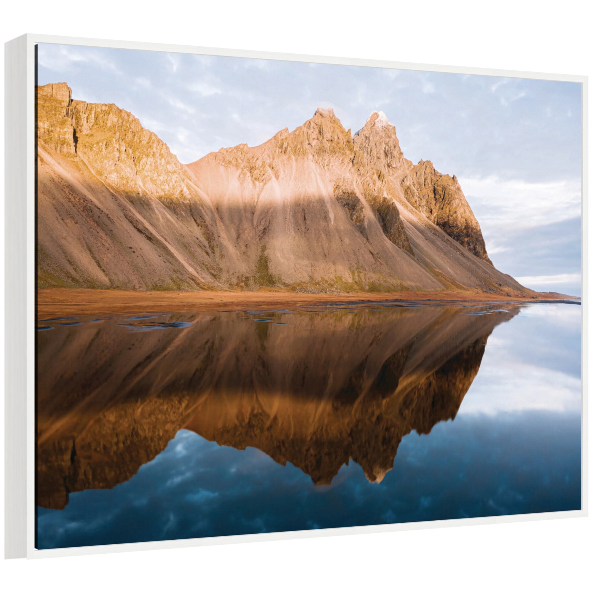 Framed canvas art showing mountain reflection in Iceland during sunset