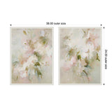 Two-piece framed canvas set featuring abstract floral paintings with soft pink, green, and white brushstrokes blending delicately on a light background