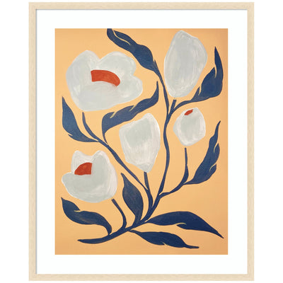 Framed abstract gray flower art by Emma Daisy with muted orange background and dark blue leaves