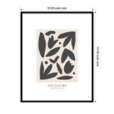 Abstract floral shapes in dark gray on a beige background, framed in black with the title 'Les Fleurs' and 'Exposition d'Art' printed below the artwork.