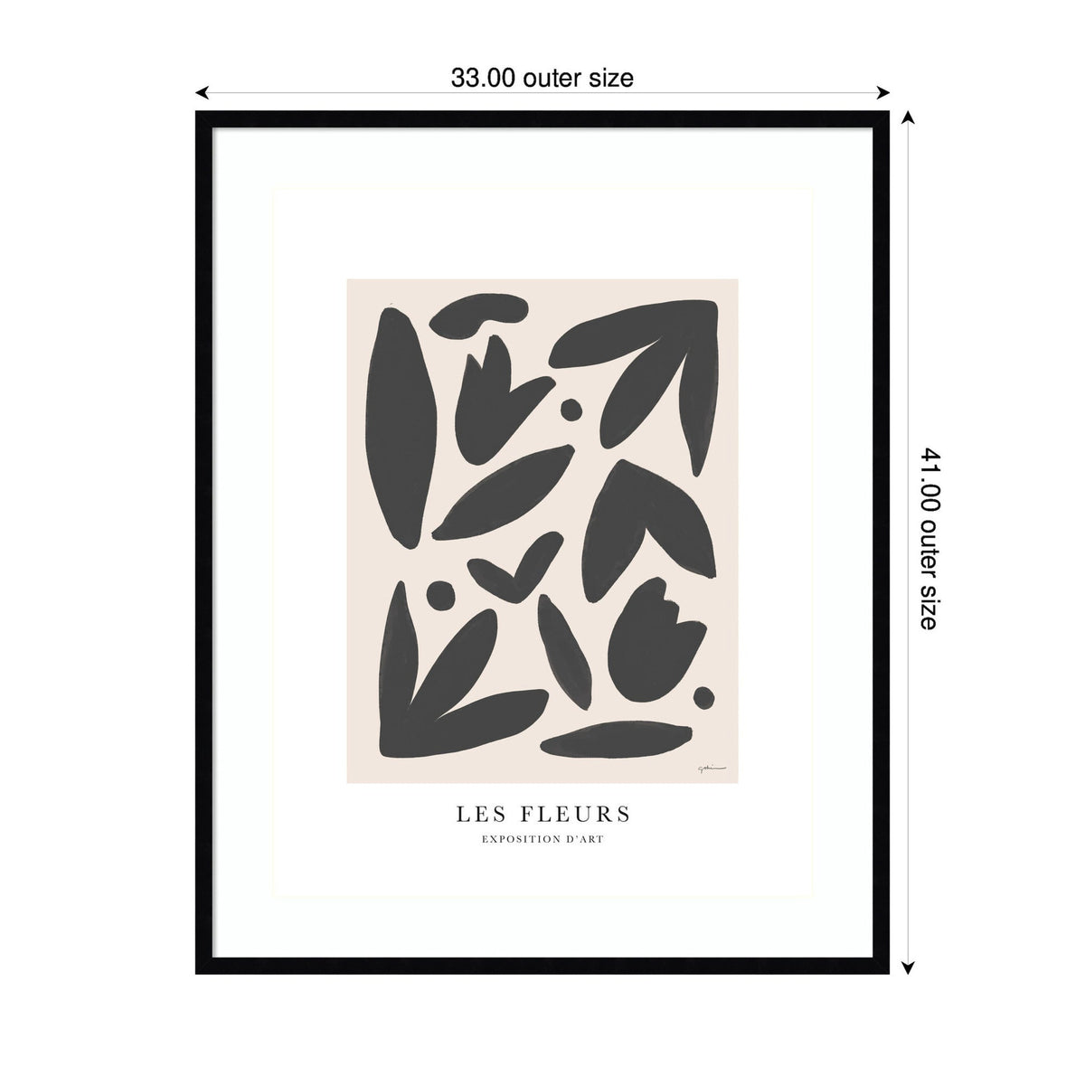 Abstract floral shapes in dark gray on a beige background, framed in black with the title 'Les Fleurs' and 'Exposition d'Art' printed below the artwork.