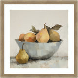 Oil painting of a white bowl filled with pears and oranges with leaves, alongside a single pear placed outside the bowl on a neutral surface.