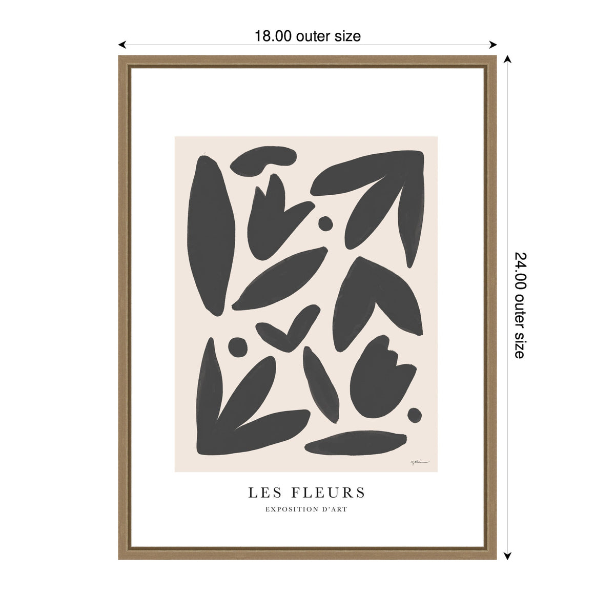 Framed abstract wall art titled 'Les Fleurs' with black organic shapes on a pale beige background and minimal text below, in a light wood frame.
