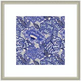 Framed Art Painted Flowers Blue by Carrie Cantwell showing abstract blue floral design with silver frame
