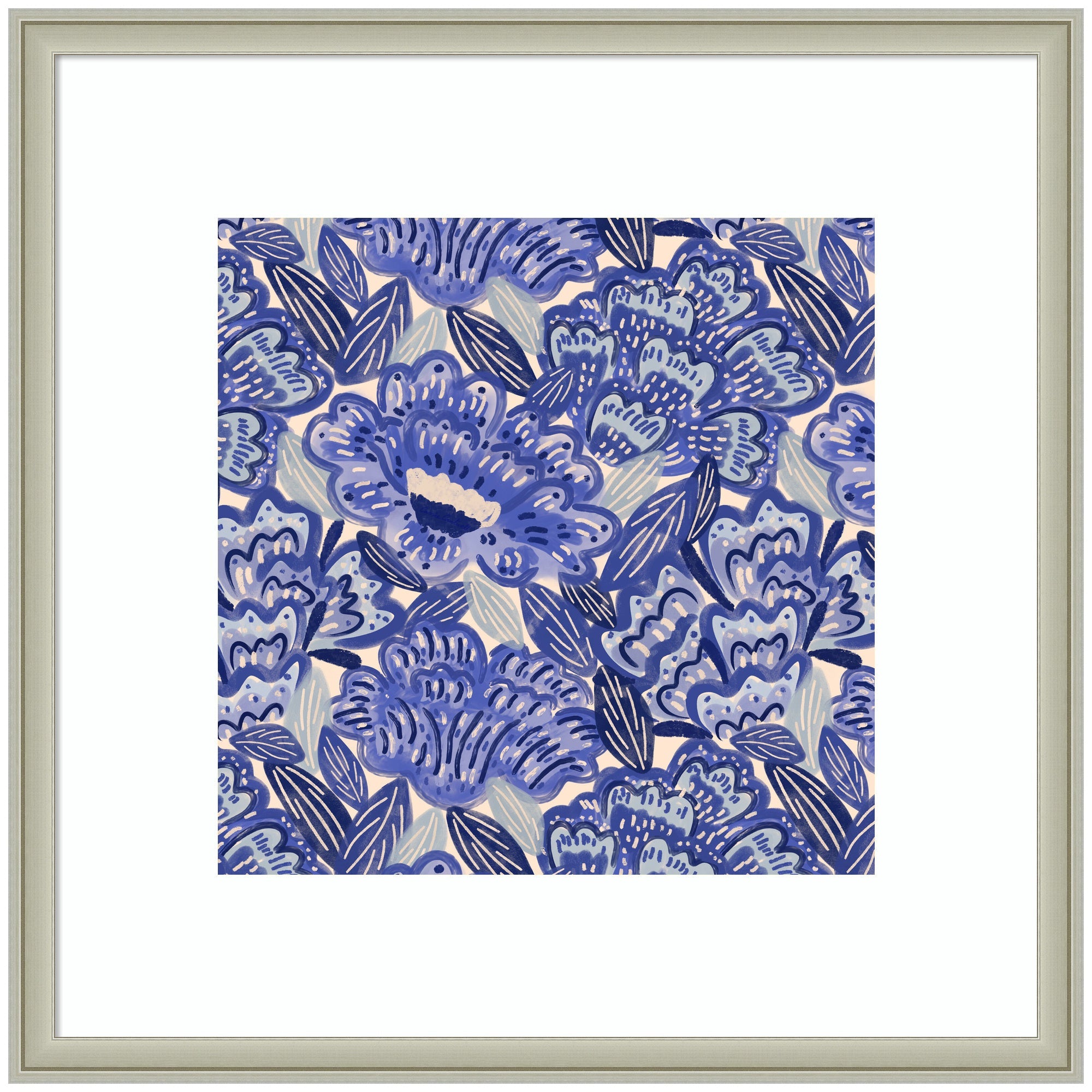 Framed Art Painted Flowers Blue by Carrie Cantwell showing abstract blue floral design with silver frame