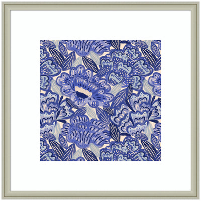 Framed Art Painted Flowers Blue by Carrie Cantwell showing abstract blue floral design with silver frame