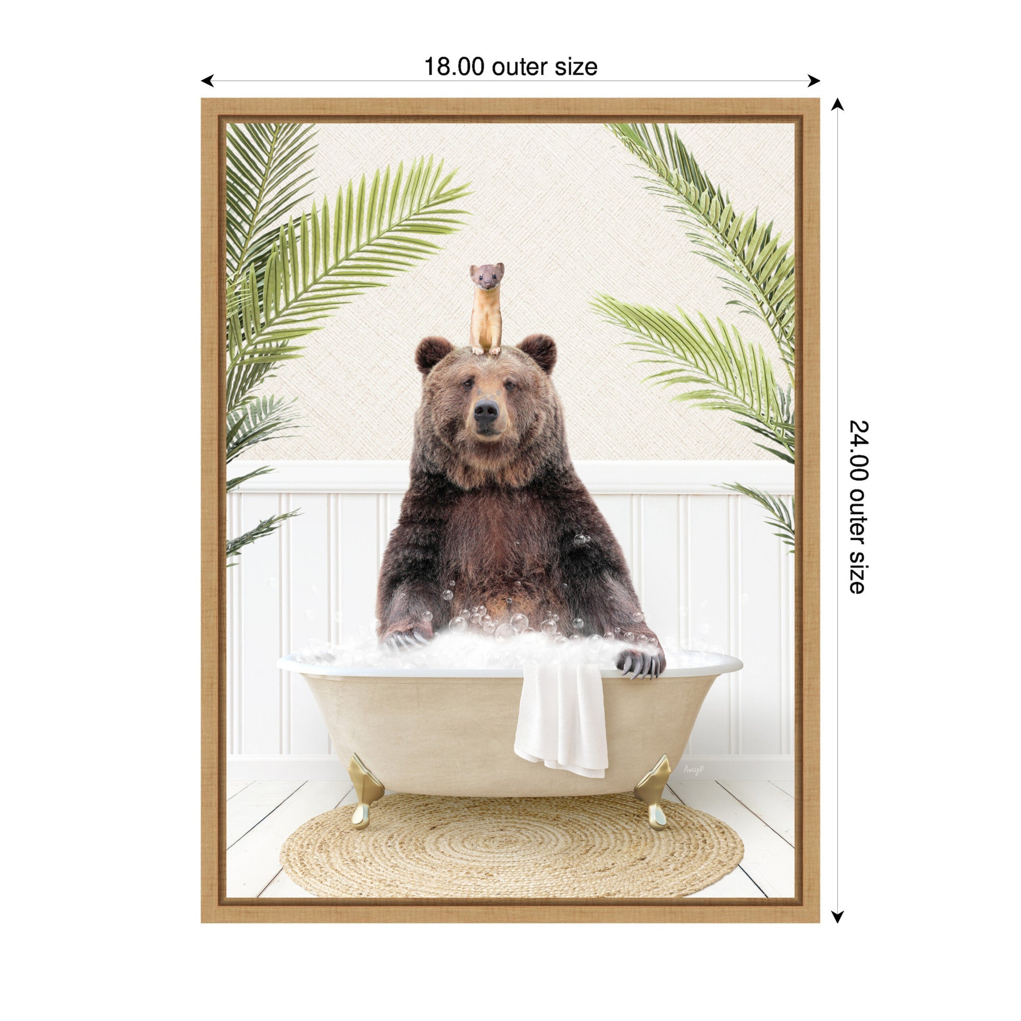 Sylvie Bear and Weasel in Palms Bathtub Framed Canvas by Amy Peterson