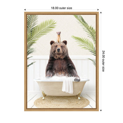 Sylvie Bear and Weasel in Palms Bathtub Framed Canvas by Amy Peterson