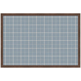 Rectangular fabric pinboard with light blue plaid pattern and a walnut-finish wooden frame, designed for wall organization.
