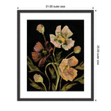 Framed floral painting with light pink and dark burgundy flowers and green leaves on a black background, with white matting and a thin black frame.