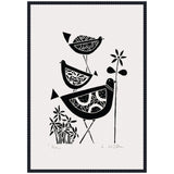 Black and white linocut print of three stylized birds with intricate patterns, one holding a flower, in a minimalist vertical arrangement on white background.