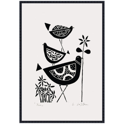 Sylvie Folk Bird Family Trio Linocut Framed Canvas by Giuliana Lazzerini
