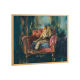 Painting of a lion reclining on a red armchair with a dark, abstract blue-green background and warm highlights.