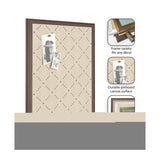 Rectangular pinboard with beige canvas featuring a subtle green lattice pattern and a dark brown wooden frame, displaying two pinned black-and-white photographs.