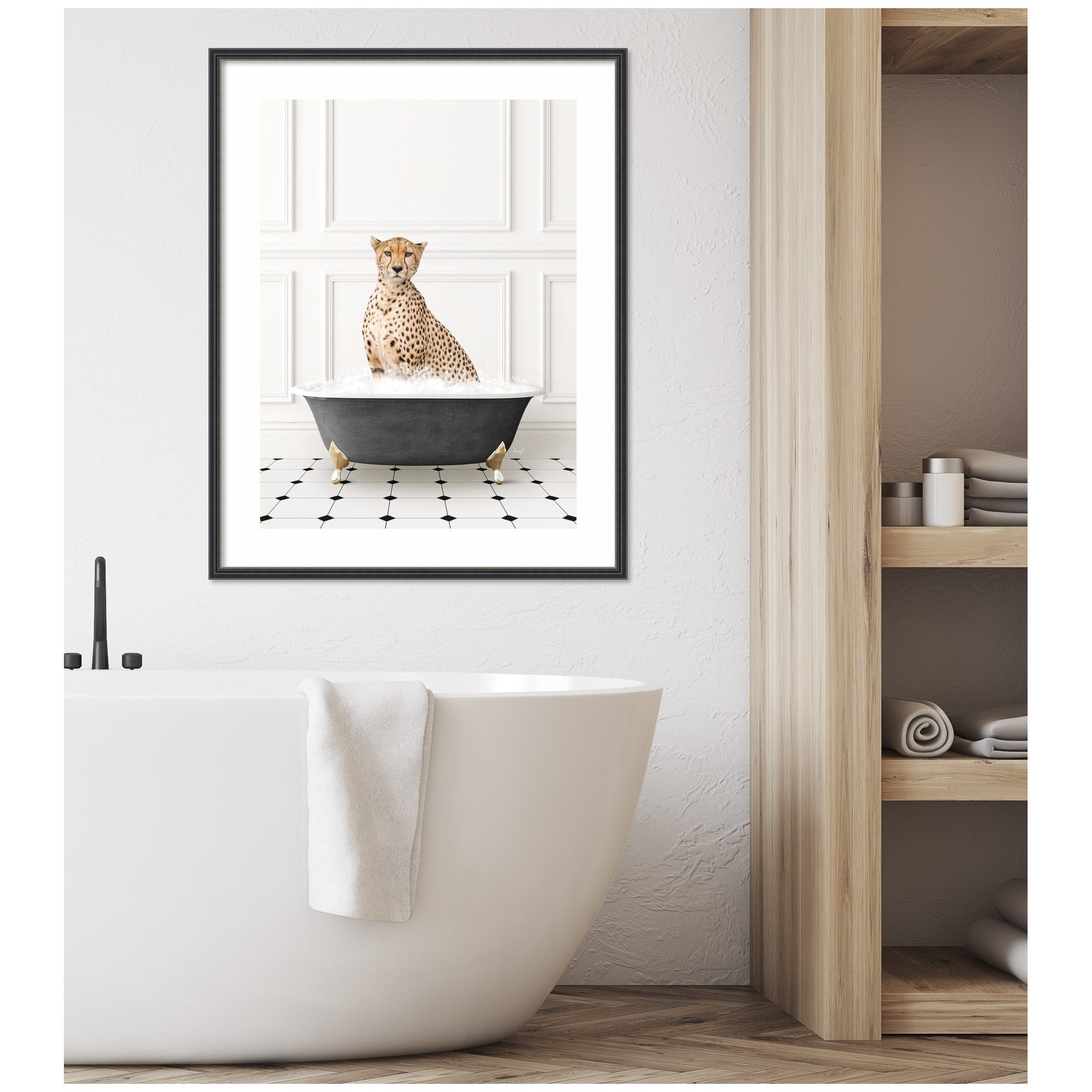 Cheetah in Classic Black and White Bathtub by Amy Peterson Framed Wall Art Print