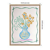 Simple line drawing of a blue and yellow floral bouquet in a patterned blue vase with green leaves, framed by a wavy green bow border on white background.