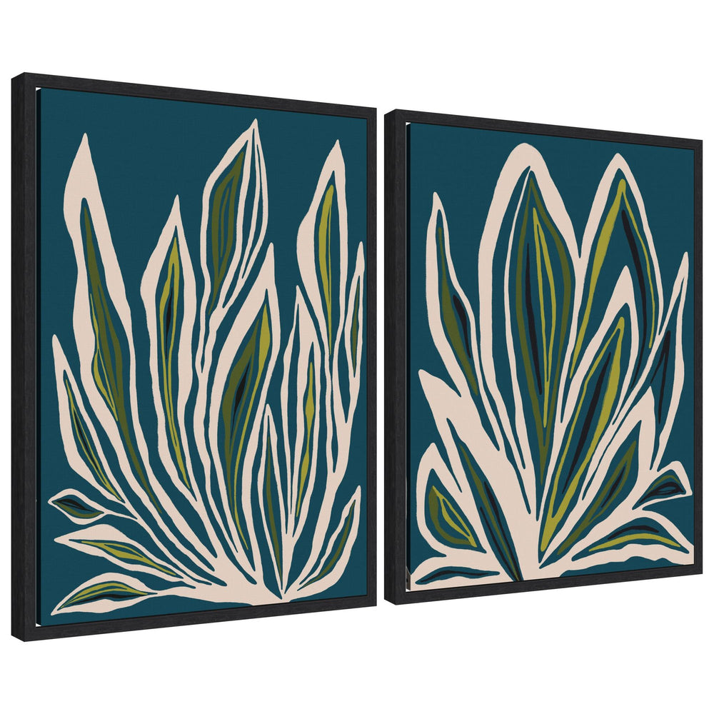 Sylvie Blue Flora 1 and 2 framed canvas art set by Alicia Bock showing abstract blue floral designs