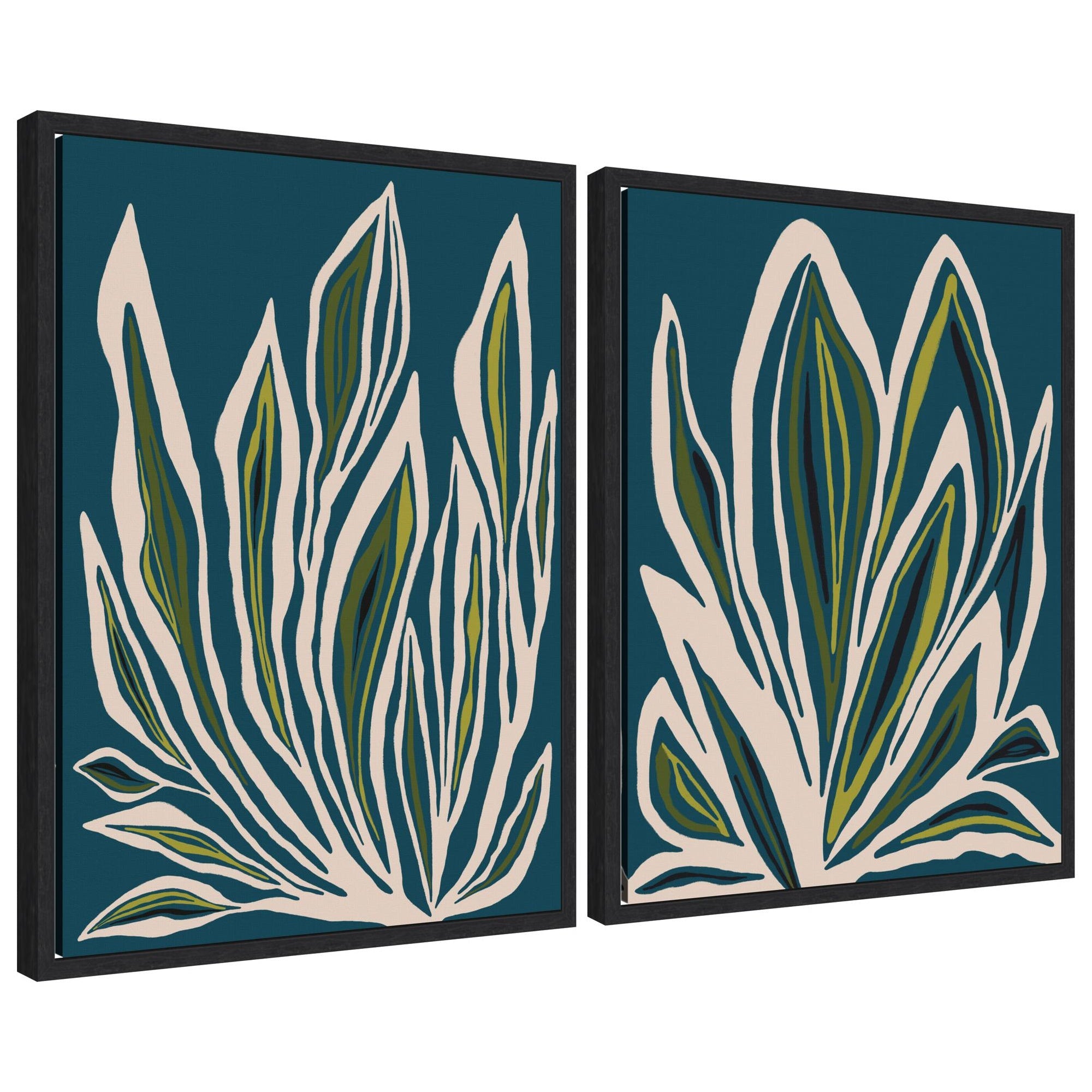 Sylvie Blue Flora 1 and 2 framed canvas art set by Alicia Bock showing abstract blue floral designs